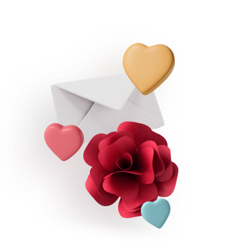 Envelope, rose, and hearts for Virtual Valentine's Day Events