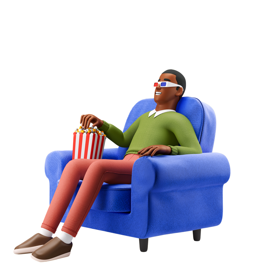Man reclining in seat with popcorn and 3D glasses