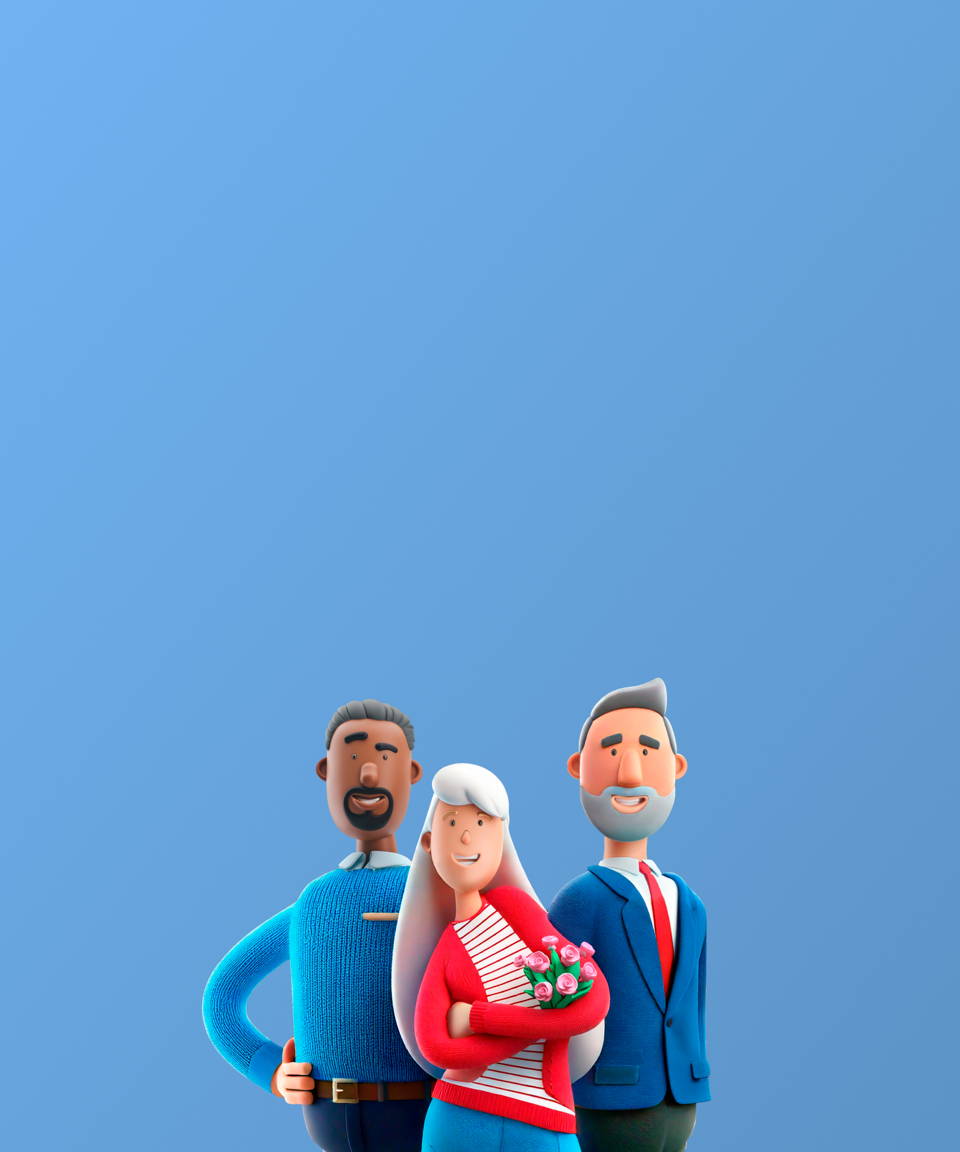 three happy retiring employees smiling in front of a blue background (small)