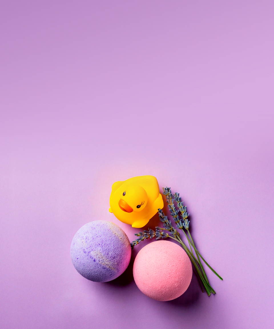 Pink and purple bath bombs, lavender, and rubber duck (small)