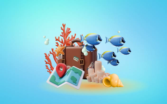 Underwater scene: coral, fish, & shells, but also with a suitcase & a map, all on a blue background. 