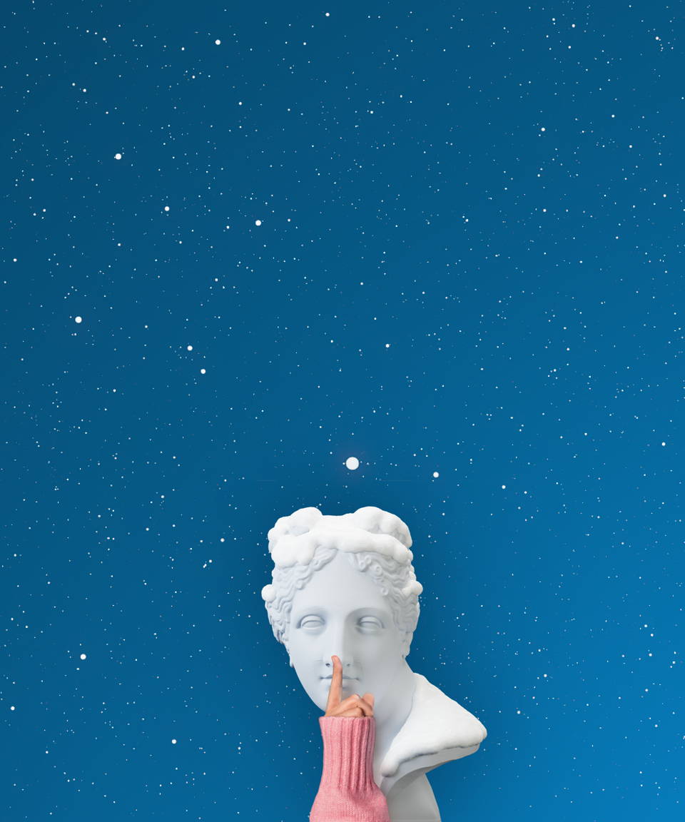 A bust in front of snow with an arm in a sweater making a be quiet gesture for Confetti's Holiday Taboo (Small)