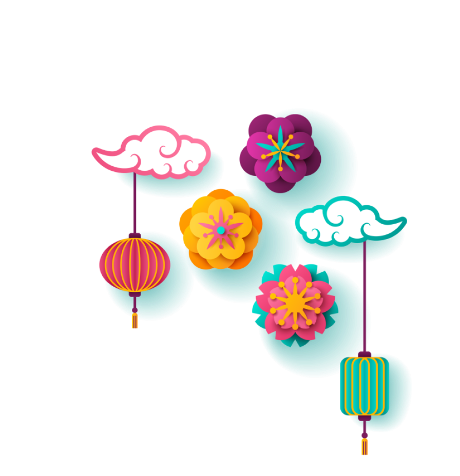 Flowers and lanterns hanging from clouds for AAPI Month Activities