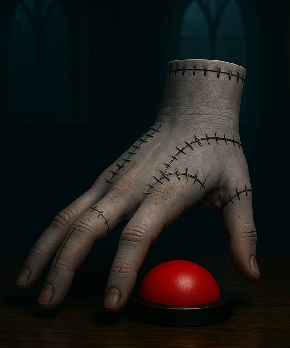The Thing from Addams Family standing next to a red trivia button
