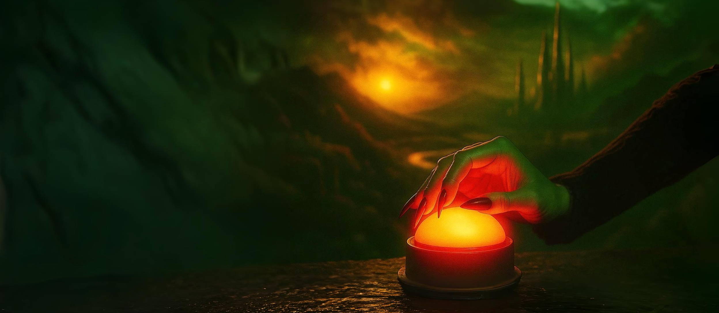 Elphaba's hand hovering over a glowing red buzzer, with mountains & a castle in the background