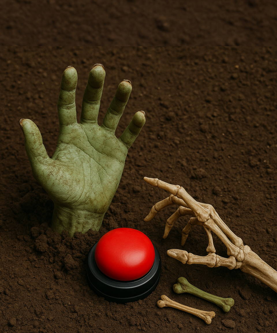 Frankenstein hand and skeleton hand reaching out to a red buzzer