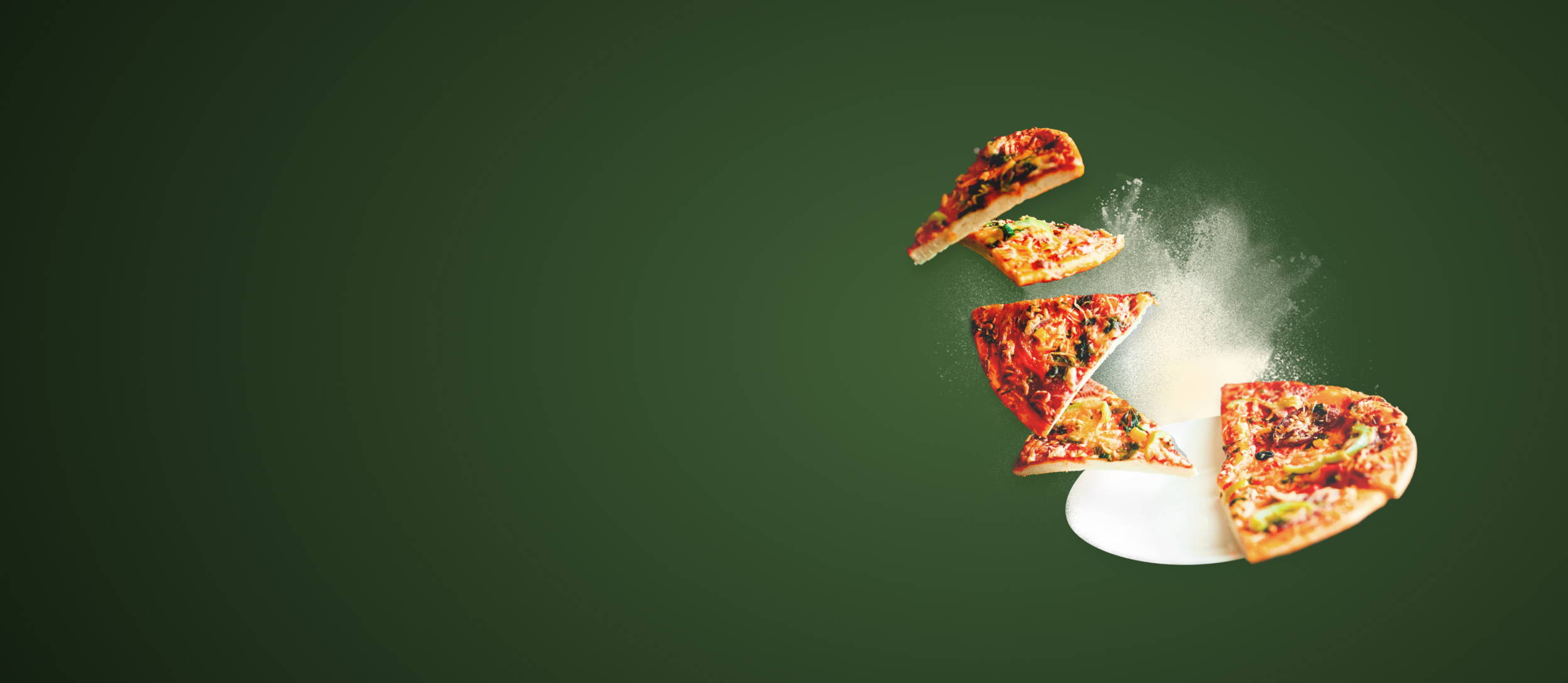 A full pizza with half of the slices levitating off the plate for Confetti's Virtual Italian Cooking Classes