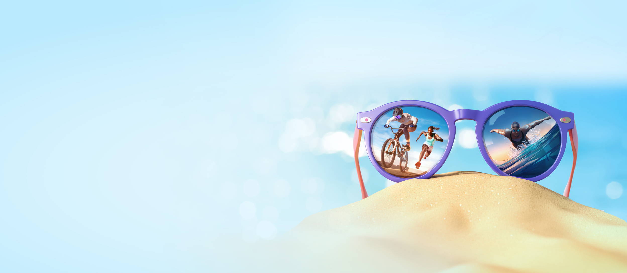 Sunglasses on a beach with athletes running, biking, and swimming in reflection (large)