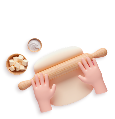 Hands flattening dough with a rolling pin in a Virtual Baking Class for Team Building