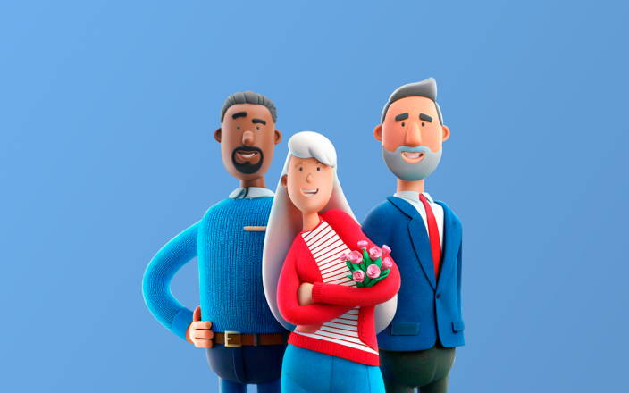 Three smiling retiring employees in front of a blue background (preview)