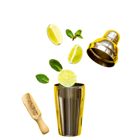 Cocktail shaker with ice, lime, and mint