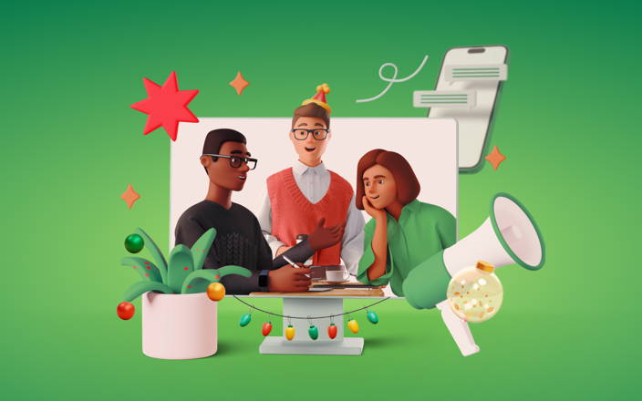 Three coworkers interacting at a work mixer with holiday themed decorations (preview)