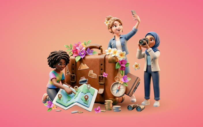 Three women of all different backgrounds stand together taking photos & looking at a map, while standing with a giant suitcase covered in flowers, a small compass, a journal, binoculars & money, all in front of a pink backdrop.