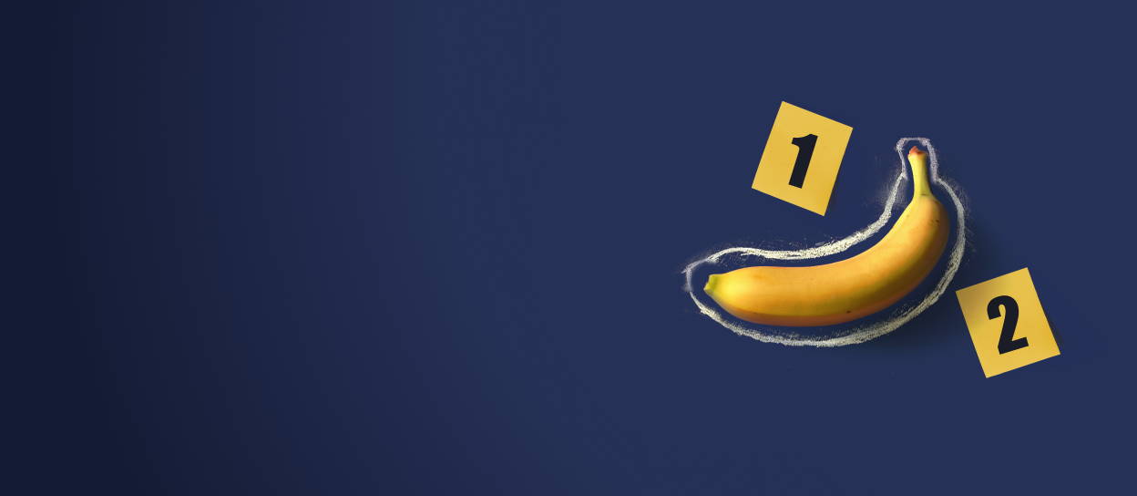 A chalk outline around a banana for Confetti's Virtual Murder Mystery Team Building 