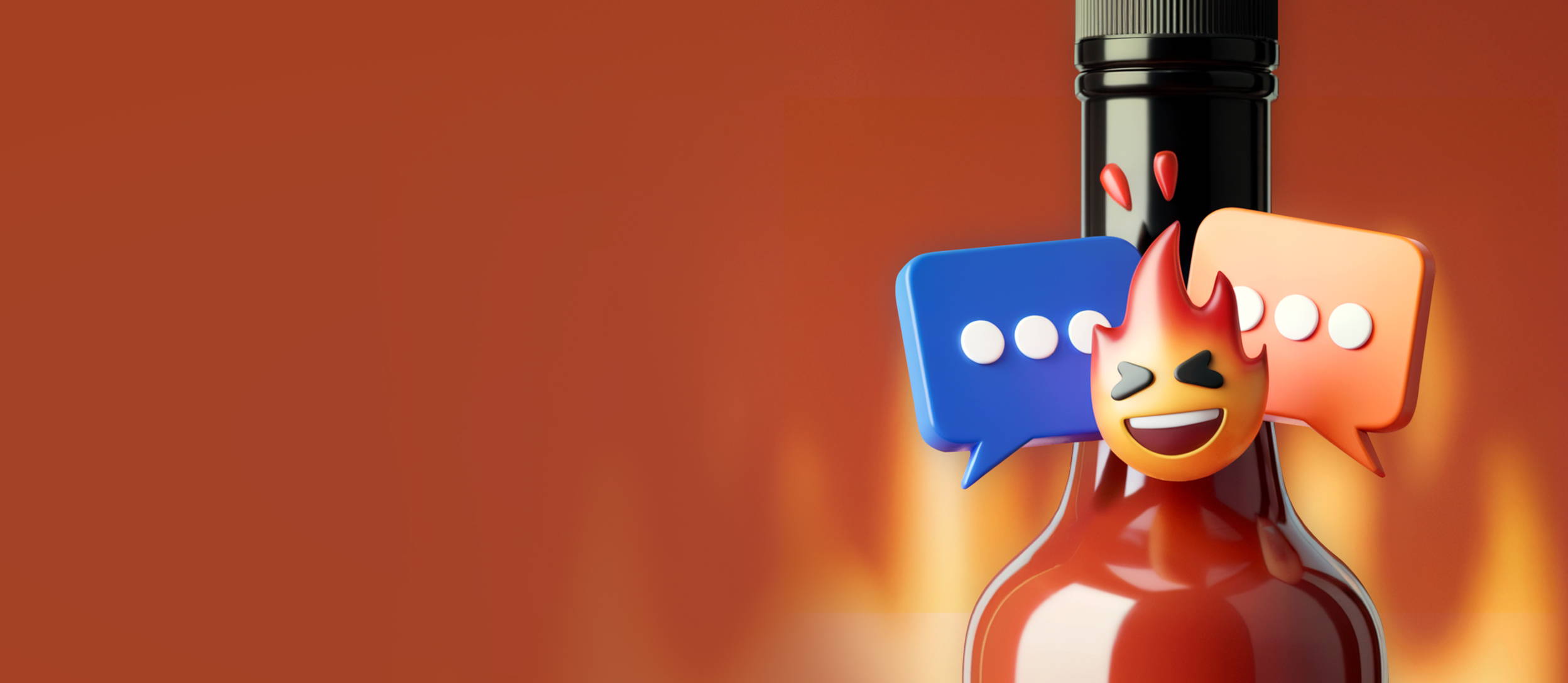 Bottle of hot sauce with excited fire emoji and chat bubbles (large)
