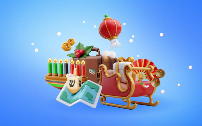 Santa's sleigh, a suitcase with holly, a menorah, a dreidel on a map, cash coins & a paper lantern in the air, all on a blue background. 