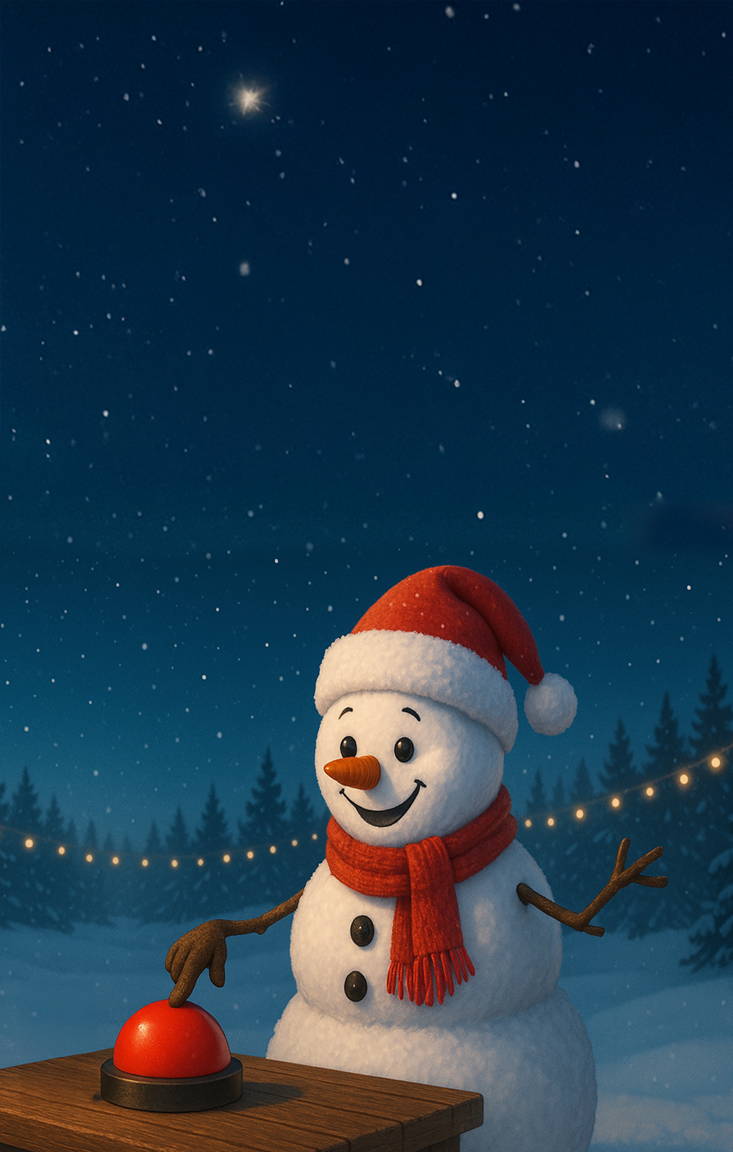 Snowman pressing a red button for trivia game