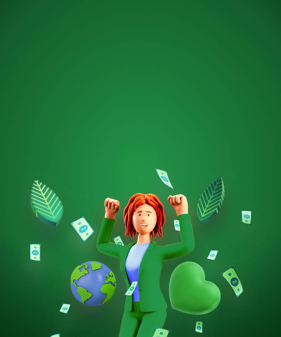 Businesswoman in green suit jumping up with an Earth, green heart, and money bills (small)
