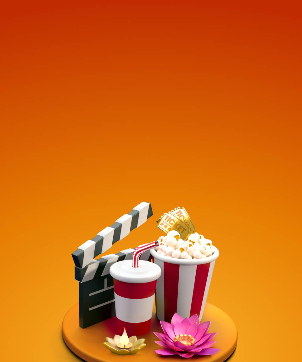 Clapboard, popcorn, drink, movie tickets, and lotus flowers against orange background (small) 