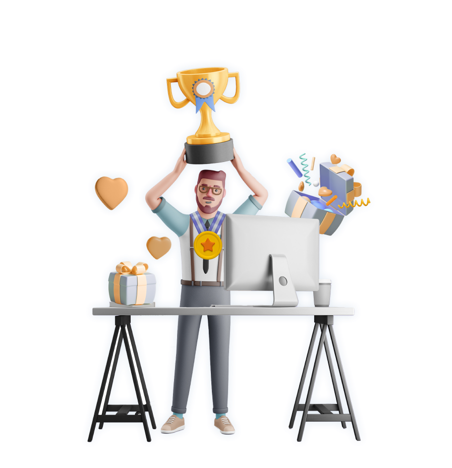 Man holding a trophy in front of a desk for Employee Appreciation Ideas