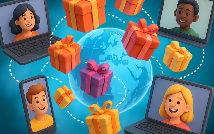 An image of multiple people on computer screens around the world with gifts rotating around them