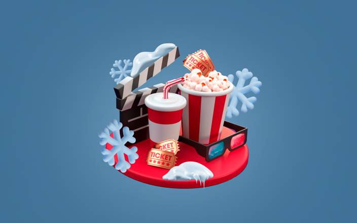 Movie film clapboard, 3d glasses, popcorn, admission ticket, and snow for Seen It? (preview)