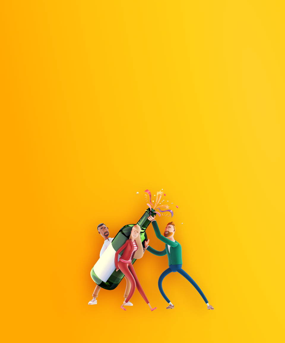 Three people holding a giant bottle with Confetti popping out for Confetti's Virtual Holiday Pub Party