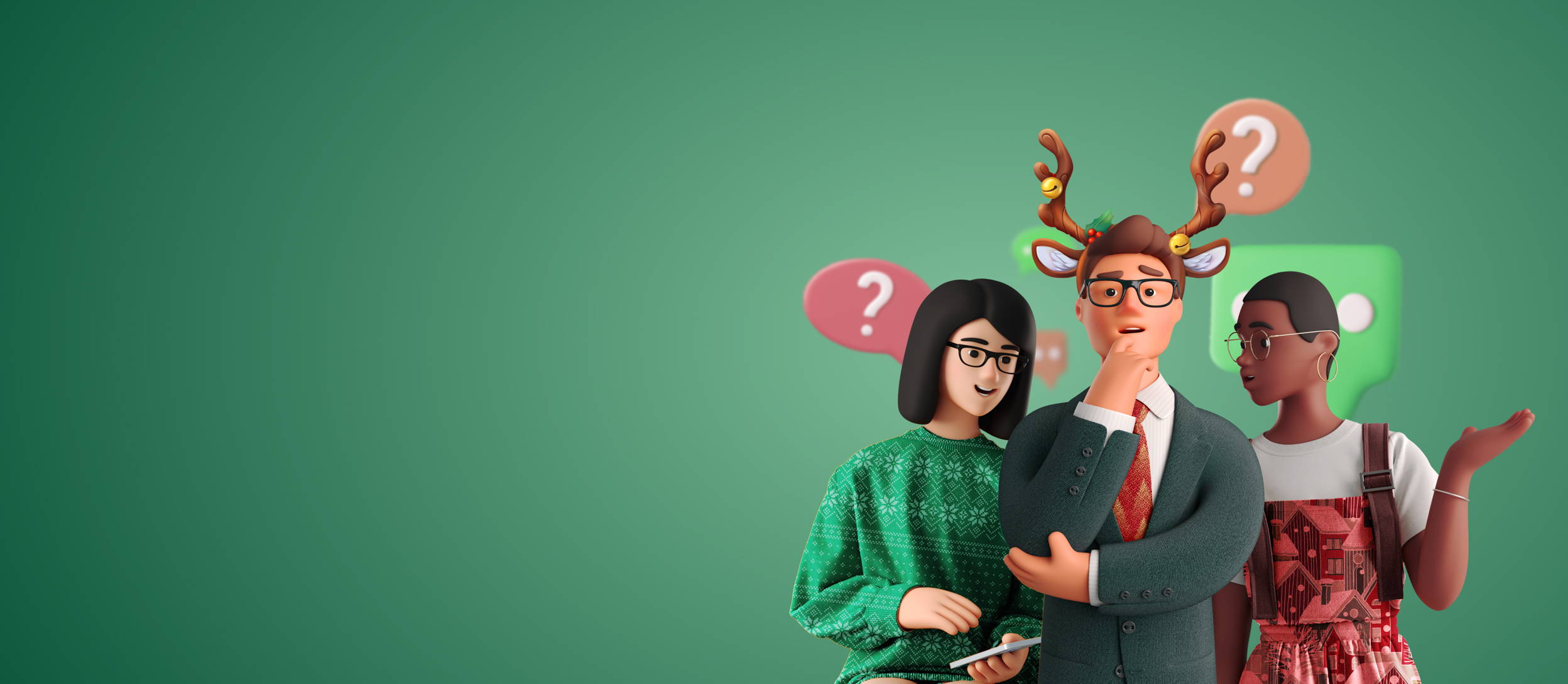 Three people dressed in festive attire making guesses with various question mark speech bubbles for Confetti's Virtual Holiday Team Building Games