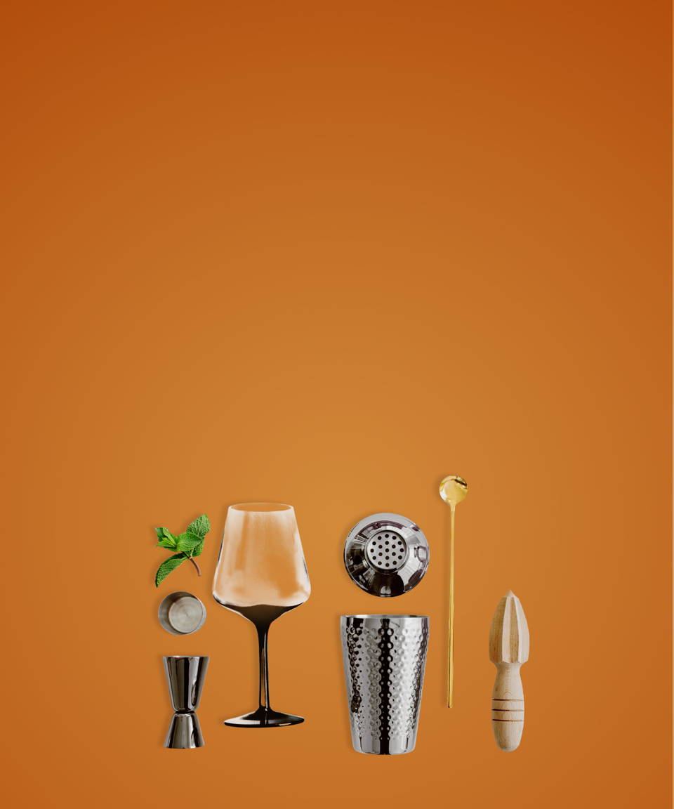 Various bartending supplies next to a glass and a sprig of herbs for Confetti's Virtual BYO Black History Mixology Class 
