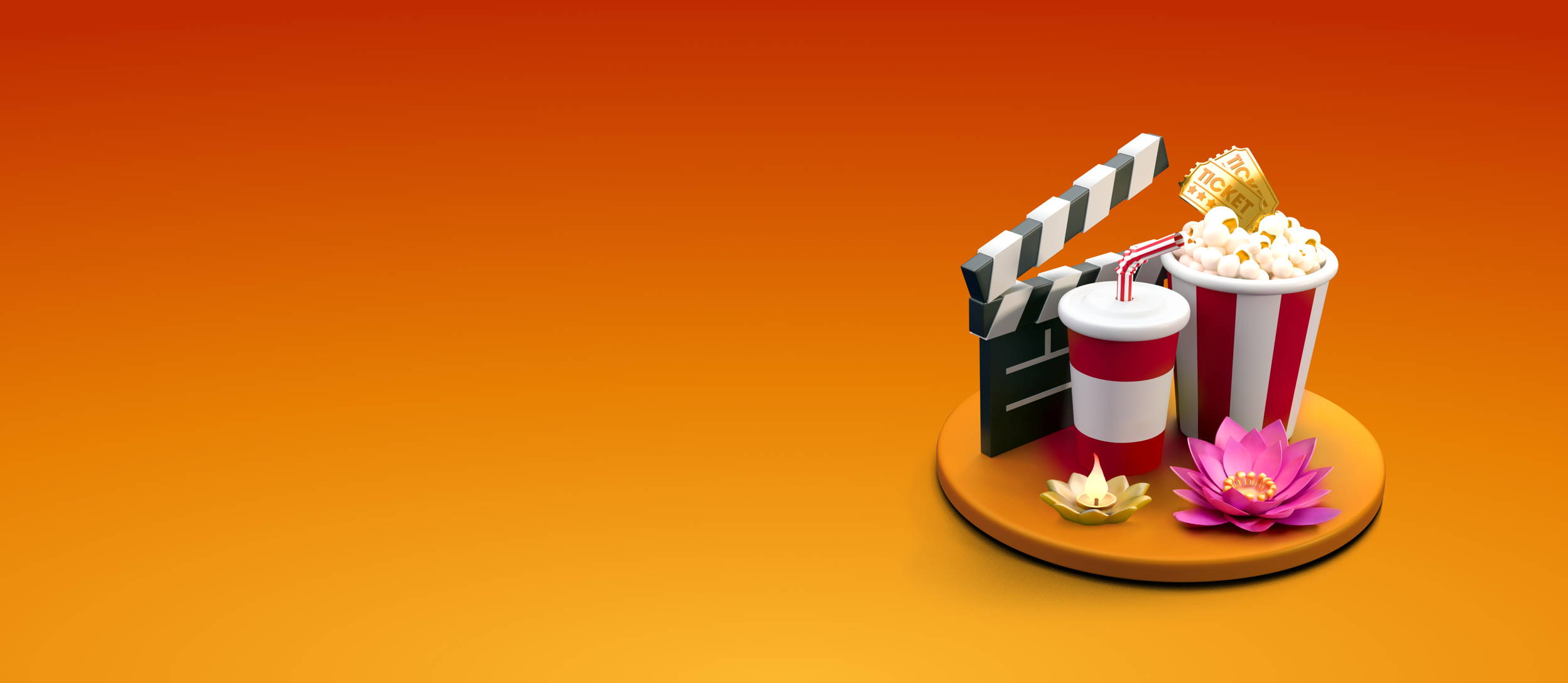 Clapboard, popcorn, drink, movie tickets, and lotus flowers against orange background (large)