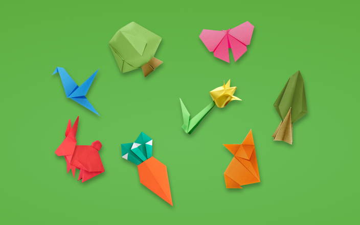 Spring origami shapes like animals, garden vegetables, and more for Confetti's Spring Origami Class (Preview)