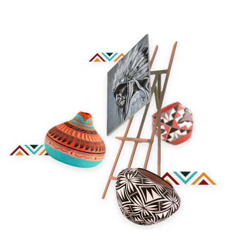 Picture of a Native American man on a canvas with easel and decorated pottery