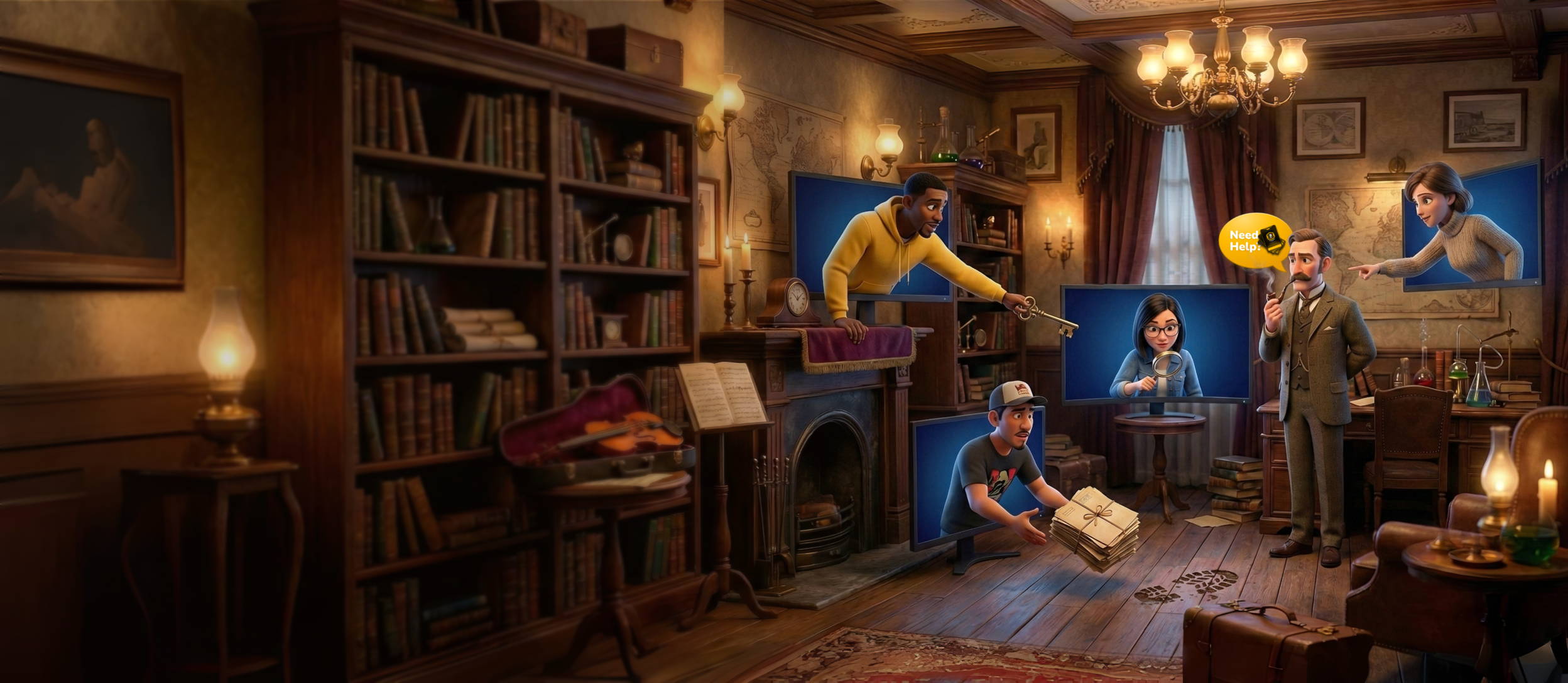 A group of four people are shown in a room trying to figure out a mystery.