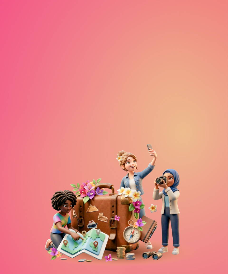 Three women of all different backgrounds stand together taking photos & looking at a map, while standing with a giant suitcase covered in flowers, a small compass, a journal, binoculars & money, all in front of a pink backdrop.