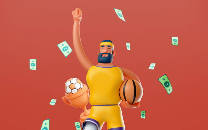Jumping athlete holding basketball, prize cup with soccer ball, and flying money bills (preview)