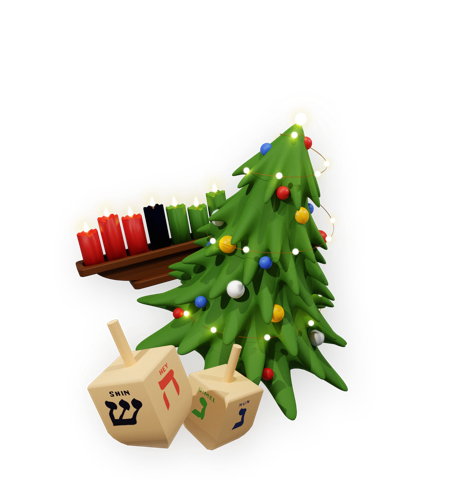 Christmas tree, dreidel, and menorah for Virtual Holiday Team Building Activities