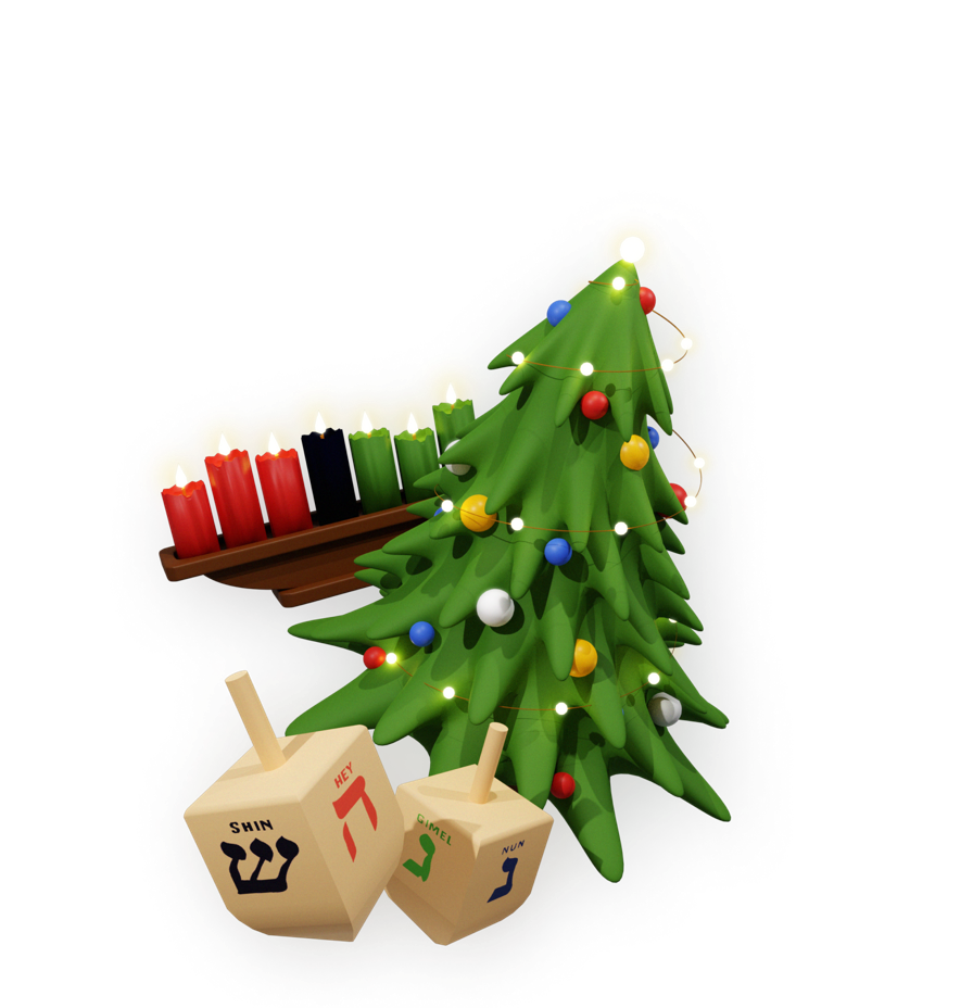 Christmas tree, dreidel, and menorah for Virtual Holiday Team Building Activities