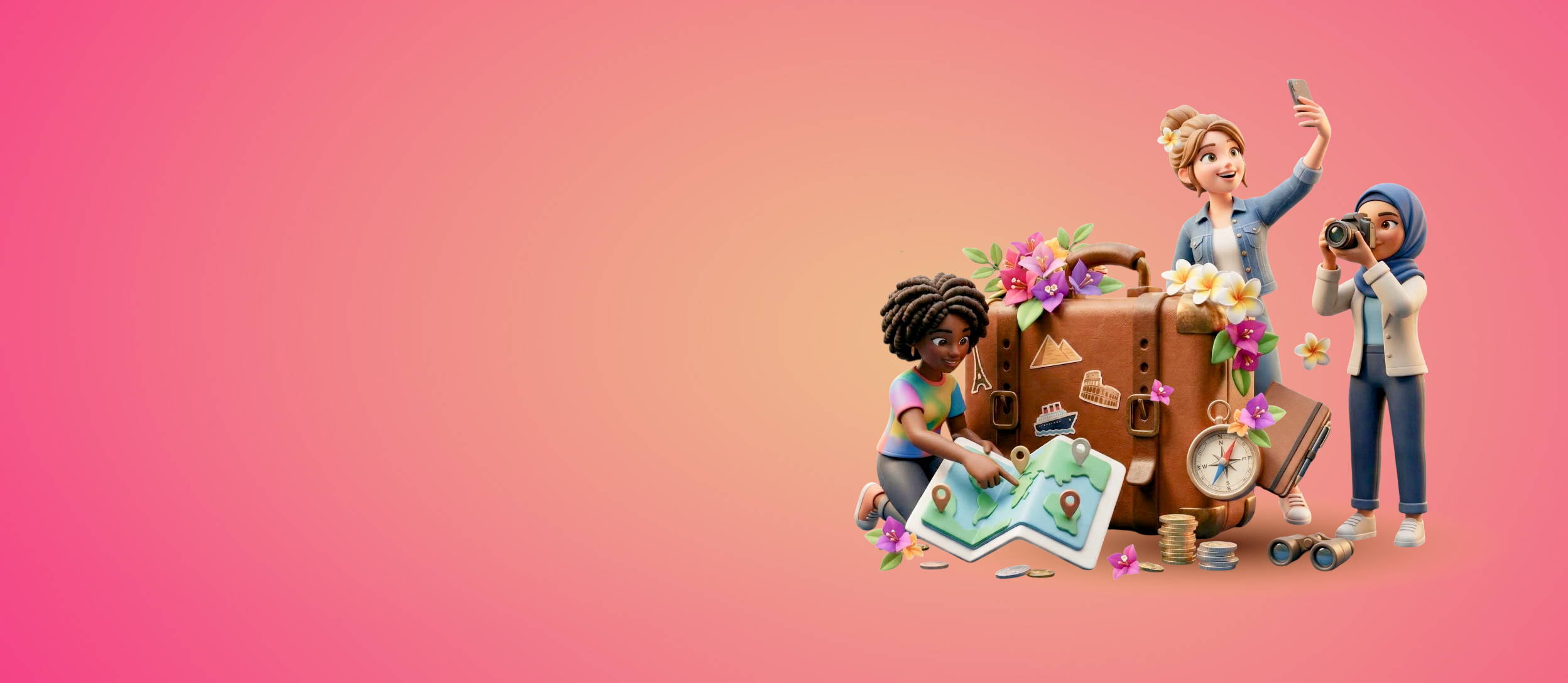 Three women of all different backgrounds stand together taking photos & looking at a map, while standing with a giant suitcase covered in flowers, a small compass, a journal, binoculars & money, all in front of a pink backdrop.