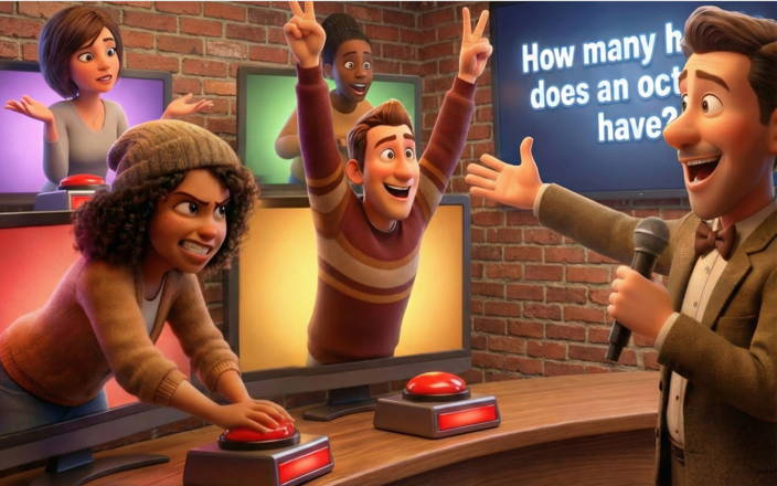 A group of people playing trivia together. People earn different points as a question pops up on the board and they answer.
