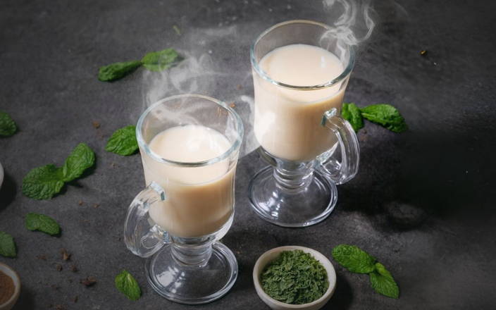 Hot drinks in a clear mug with cocoa, peppermint and other ingredients.