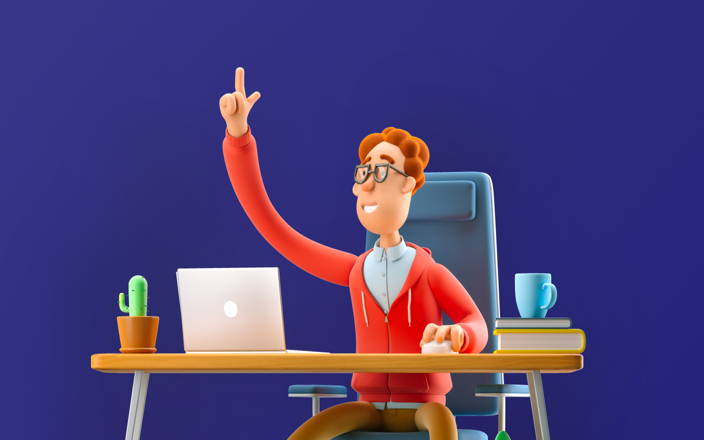 An employee in front of his computer holding his hand up to answer a question for Confetti's Virtual Team Trivia for Remote Teams