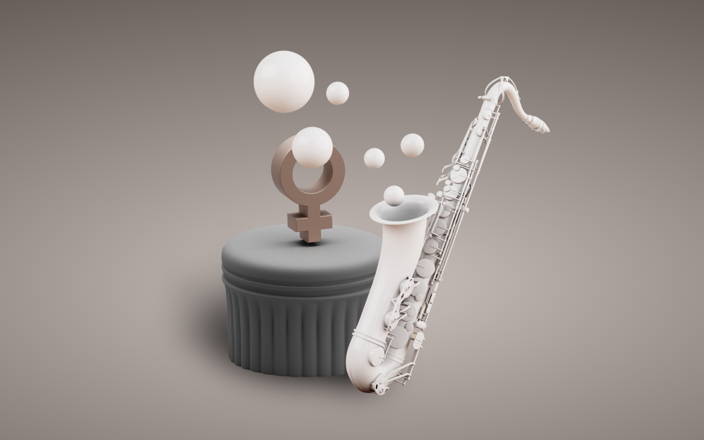 Female symbol on a pedestal next to a saxophone for Confetti's D.C. Broadway (Preview) 