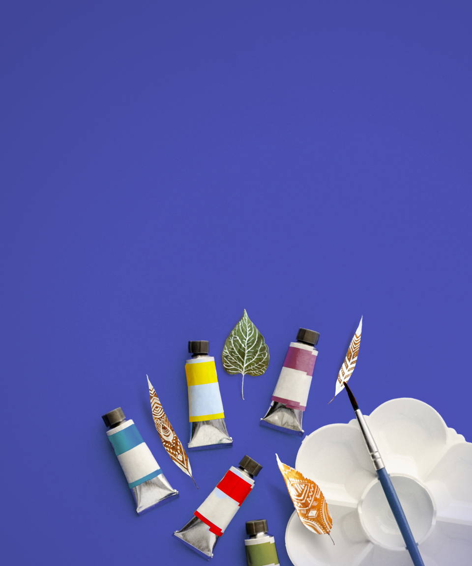 Tubes of paint, palette, and paintbrush with fall leaves (small)