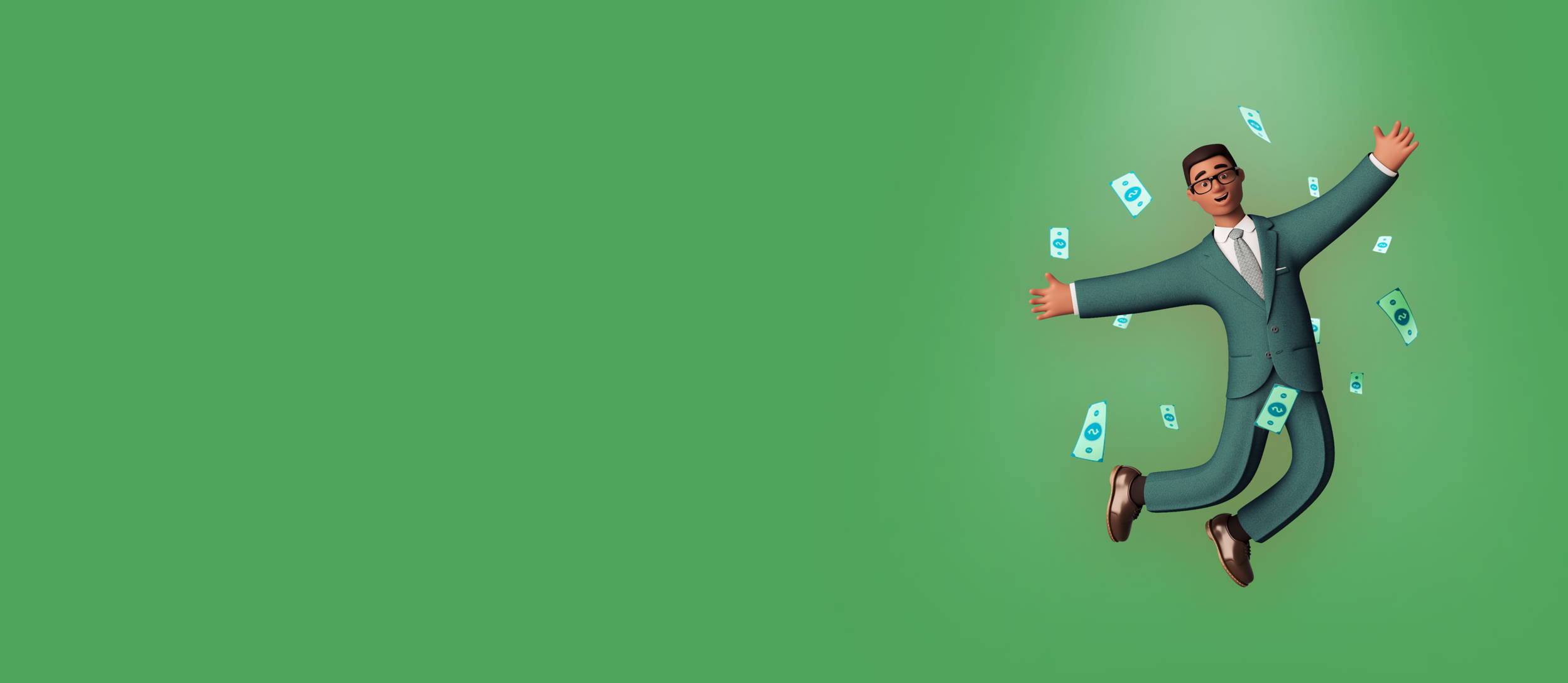 Businessman jumping with flying bills (large)