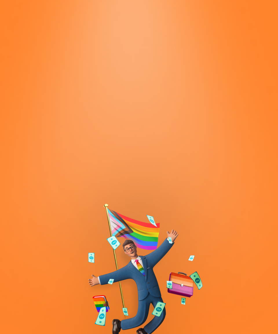 Employee jumping for joy next to a Pride flag and rainbow briefcase for Confetti's Virtual LGBTQIA+ History & Culture Jeoparty