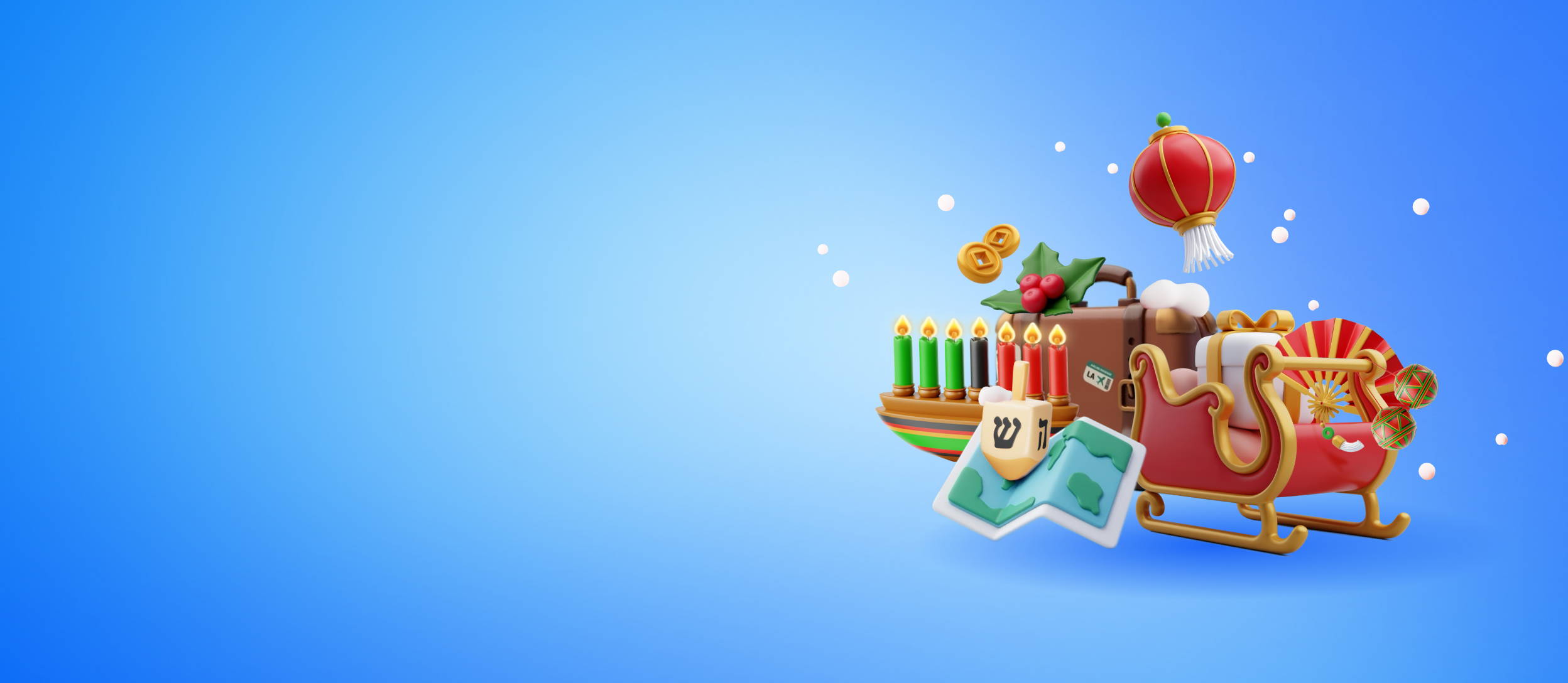 Santa's sleigh, a suitcase with holly, a menorah, a dreidel on a map, cash coins & a paper lantern in the air, all on a blue background. 