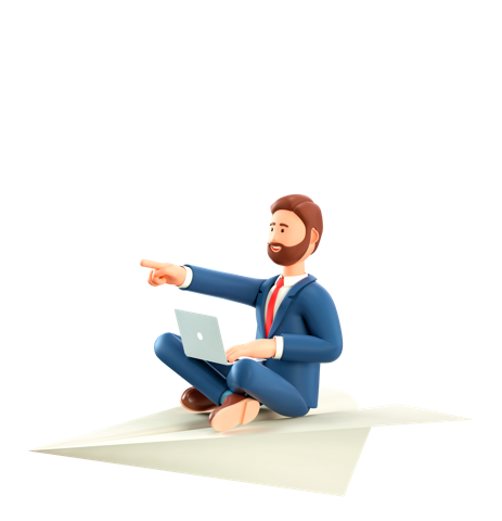 An employee wearing a suit, sitting cross legged on a paper airplane with their arm outstretched pointing forward 