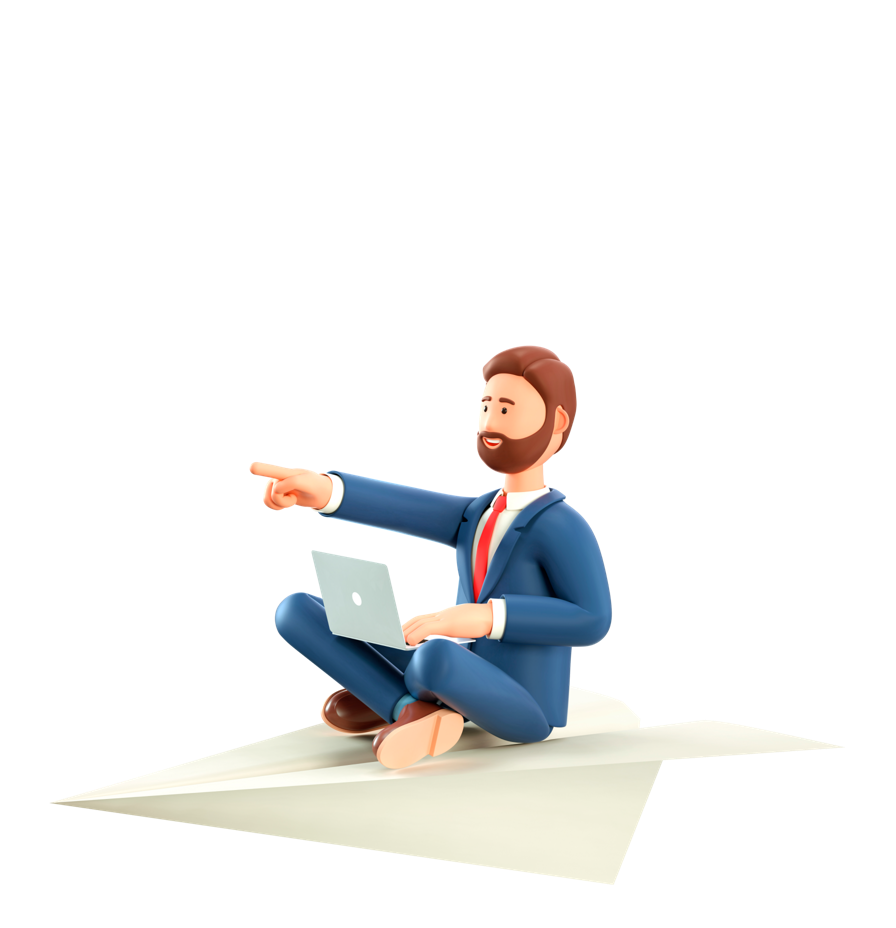 An employee wearing a suit, sitting cross legged on a paper airplane with their arm outstretched pointing forward 