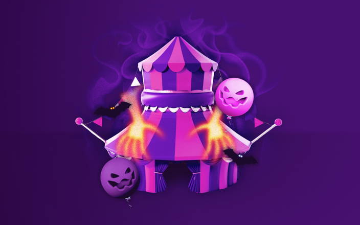Spooky circus tent surrounded by jack-o-lanterns and spooky glowing hands for Confetti's Virtual Halloween Escape Games