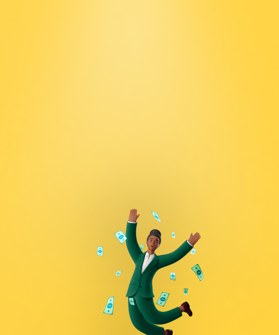 A Black employee jumping for joy surrounded by falling money for Confetti's Virtual Black History & Culture Jeoparty